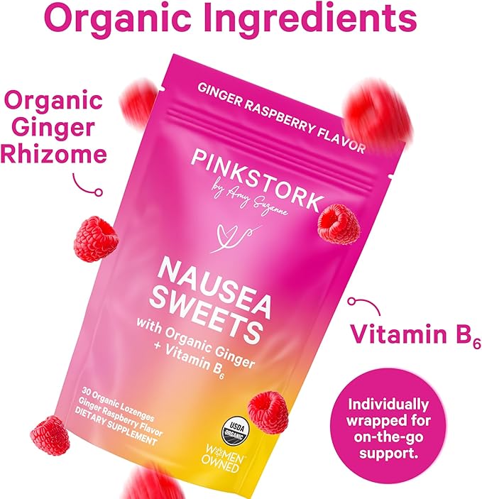 Pink Stork Organic Ginger Raspberry Sweets with Vitamin B6 for Morning Sickness and Motion Sickness, Added Ginger & Vitamin B6, 1st Trimester Pregnancy Must Haves - 30 Wrapped Candies