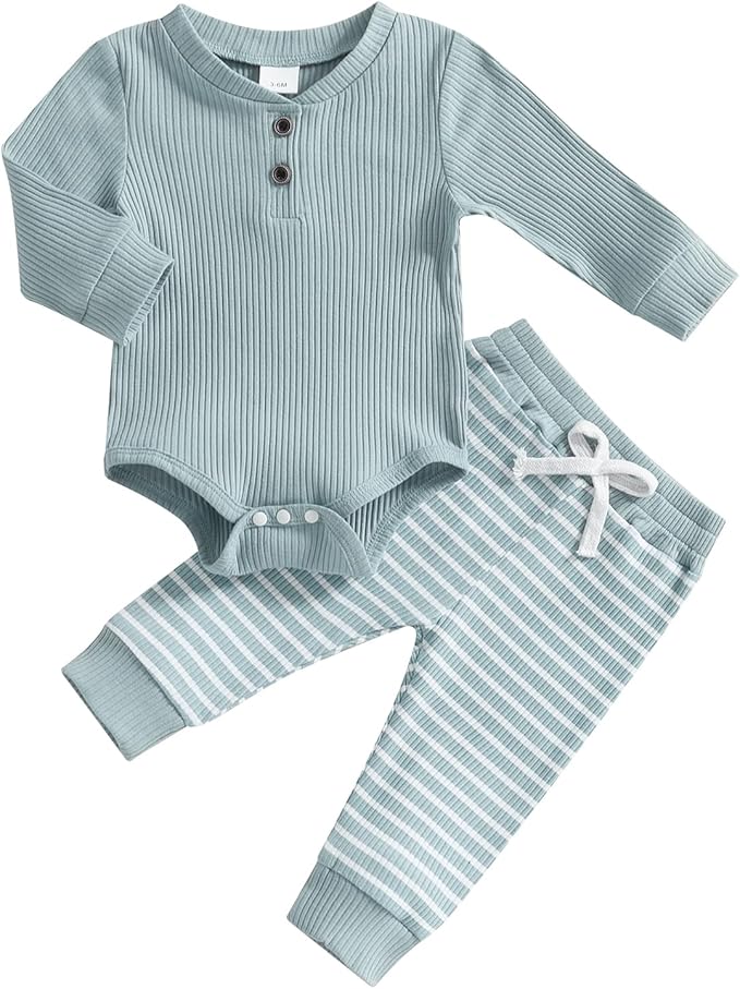 Newborn Baby Boy Girl Clothes Ribbed Knitted Long Sleeve Romper Pants Solid Cotton Infant Fall Winter Outfits 2Pcs