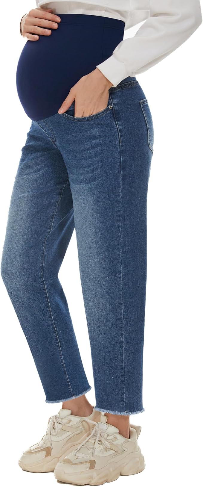 POSHGLAM Women's Maternity Jeans Over Belly Comfy Stretch 28'' Boyfriend Jeans Loose Pregnancy Pants, S-XXL