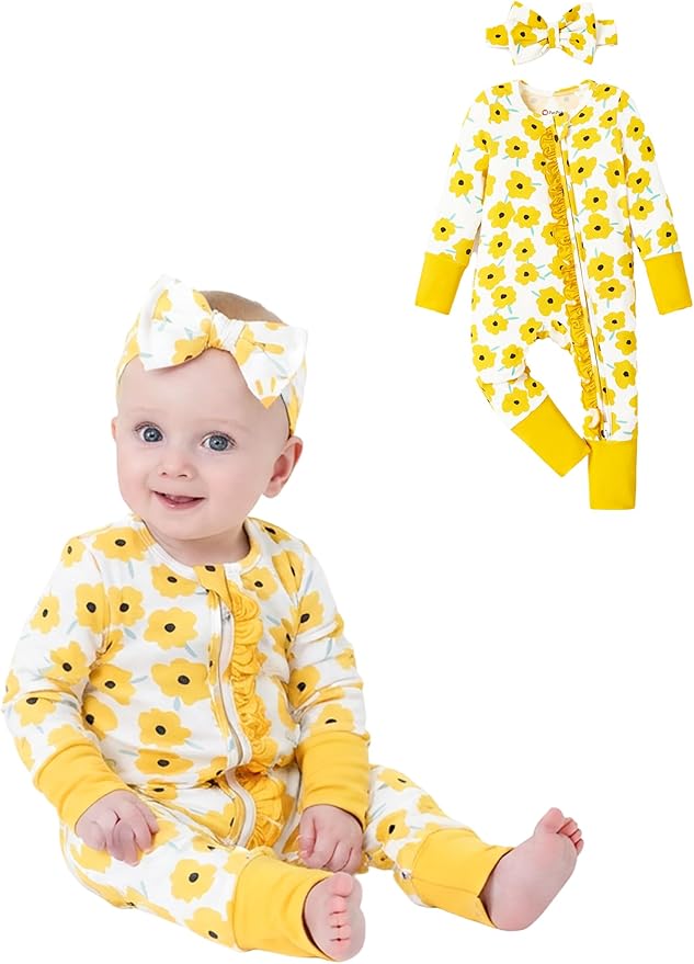PATPAT Baby Girl Boy Clothes Newborn Infant Footie – Soft Viscose from Bamboo– 2-Way Zipper, Fold-Over Mitten, Ruffle Trim