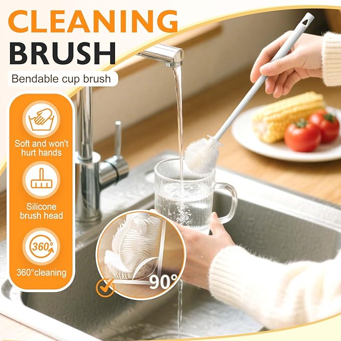 360° Flexible Silicone Bottle Brush with Long Handle,2025 New Multifunction Cleaning Foldable Cleaning Tool,Soft Bristle Silicone Cup Brush for Narrow Neck Bottles,Water Bottles (White/3pcs)