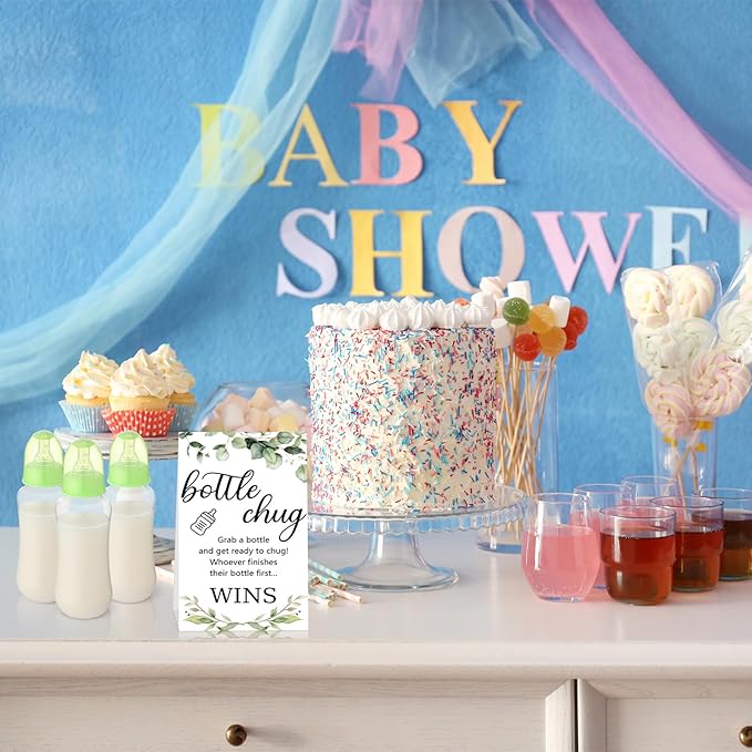 TrelaCo Cool Baby Shower Games Sets 12 Pcs Feeding Bottles with 1 Bottle Chug Sign for Gender Reveal Baby Shower Party Favors Decoration Games(Leaves,Green)