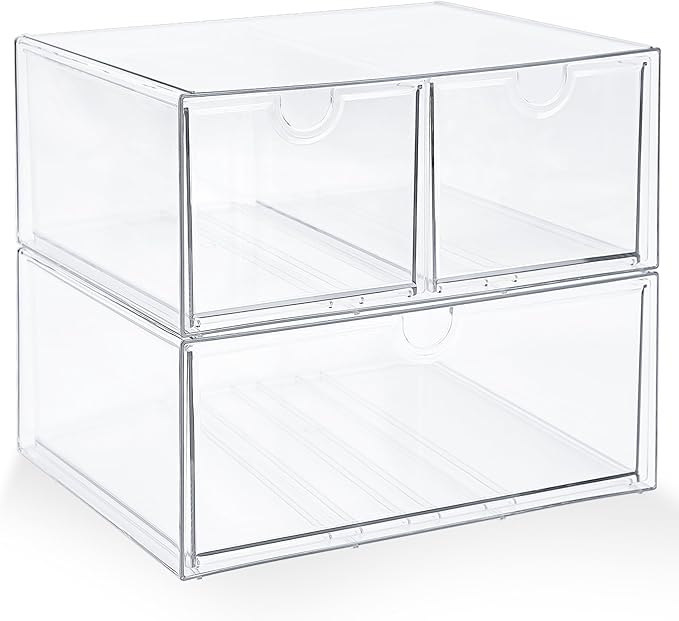 Prsildan Acrylic Drawer Makeup Organizer with 3 Drawers, Clear Stackable Storage for Baby Bottles, Craft, Jewelry & Hair Accessories, Multi-Use for Vanity, Countertop, Office Desk Organization