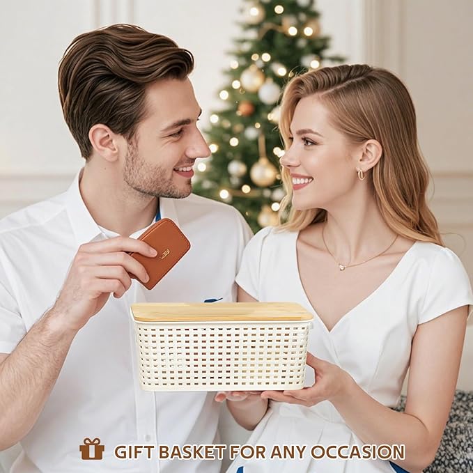 8 Pack Plastic Storage Bins with Bamboo Lids - Stackable Storage Baskets with Handle for Pantry Organizer and Storage, Plastic Containers Bins for Kitchen Bathroom Classroom Office Shelves