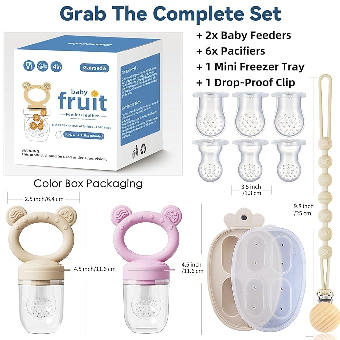 4 Pack Stylish Anti-Drop Fruit Pacifier Feeder, Breastmilk Popsicle Molds for Teething with Lids, Teether Pacifier, The Perfect Food Feeder, Silicone Feeder Teethers, Baby Teether, Baby Fruit Feeder