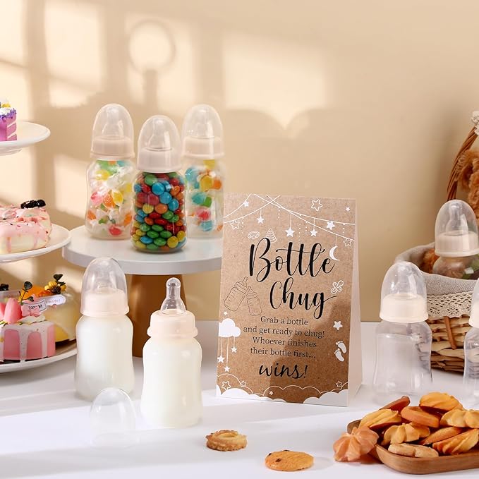 TrelaCo Bottle Chug Baby Shower Game 20 Pcs Baby Bottles Shower Favor with 1 Kraft Theme Sign for Gender Reveal Party Supplies Gifts(Beige)