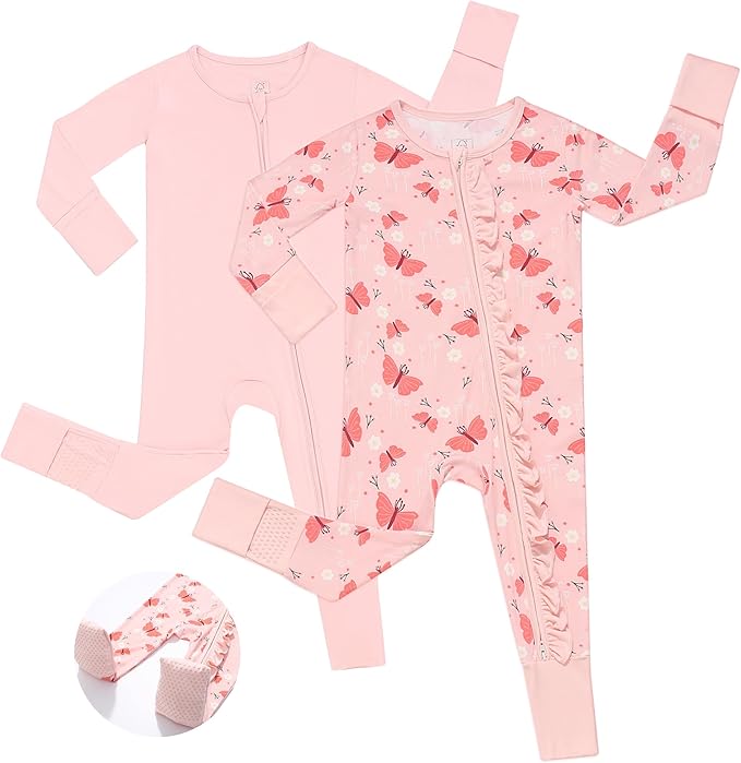 JunNeng Baby Girl Viscose from Bamboo Sleeper with Mitten Cuffs, 2 Way Zipper Romper, Sleep N' Play Pajamas 0-18 Months