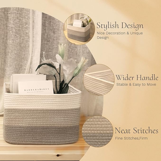 Hopegiver 3 Pack Storage Baskets for Organizing with Handle, Woven Baskets for Shelves - Durable Gift Basket for Cloth Toy Baby, Cotton Rope Basket for Dog Cat, 15x11x10 Inch(White&Light-Gray&Gray)