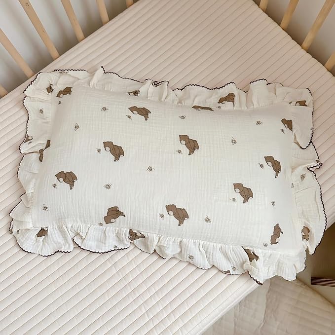 BuLuTu Cartoon Bear Muslin Pillowcase for Boys Girls Cute Animal Print Toddler Pillow Cases Soft Breathable Cotton Crib Cradle Pillow Cover for Kids Nursery Bedding,1 Piece, 14"x20"