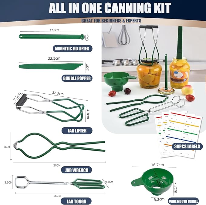 Food Mill Stainless Steel With 3 Grinding Discs and Complete Canning Supplies Starter Kit of 8-Includes Tongs, Jar Lifter, Wrench, Lid Lifter, measurer,Funnel,Labels,Multifunctional Spoon(GJ-OG-GR)