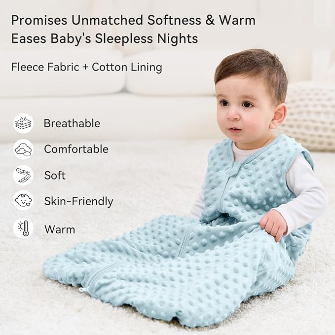 Fleece Baby Sleep Sack 0-6 Months with Plush Dots 1.5 Tog Baby Wearable Blanket with 2-Way Zipper Warm Sleeping Sack for Toddler Infant Newborn - Small, Sky Blue