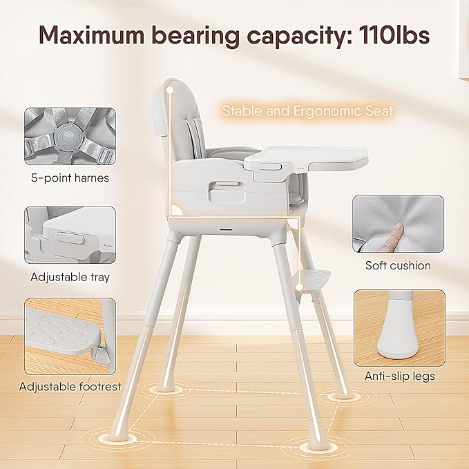 3-in-1 Portable Baby High Chair for Babies and Toddlers, Convertible Easy Clean Infant Foldable Highchair with Adjustable Legs & Dishwasher Safe Tray, Grey