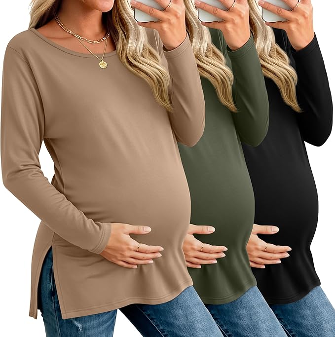 Riyiper 3 Pack Women's Maternity Long Sleeve T-Shirts Round Neck Side Split Tops Loose Casual Pregnancy Mama Clothes Fall