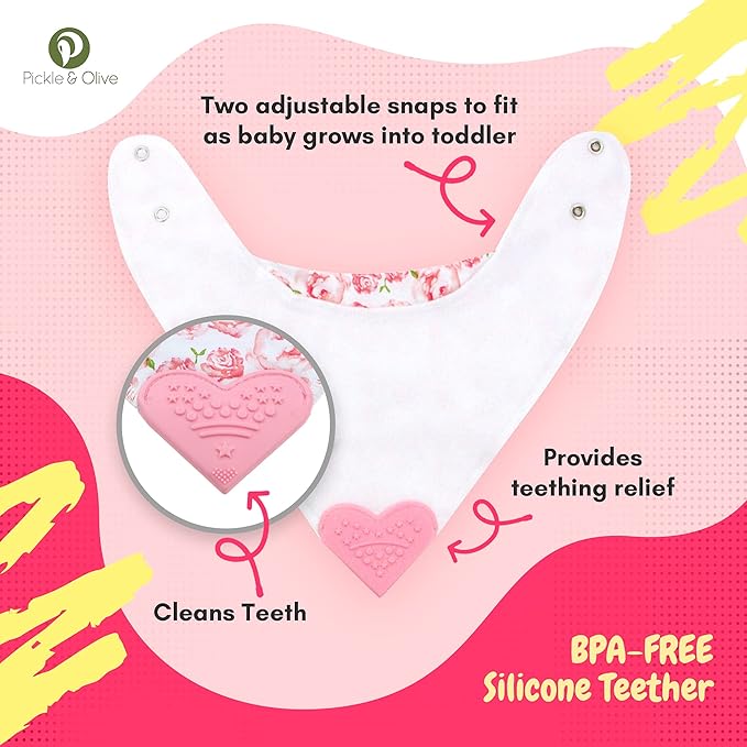 Pickle & Olive Baby Bandana Teething Bibs with Attached Teether- Set of 4 - Floral