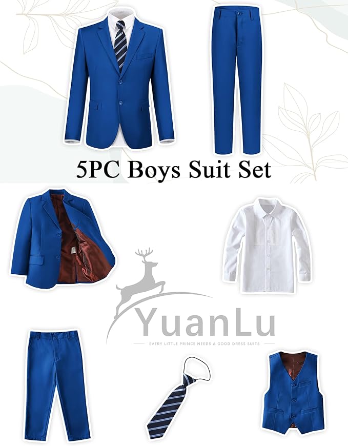YuanLu Boys Suit for Kids Tuxedo Wedding Ring Bearer Outfit, 5 Piece Boy Slim Fit Formal Suits with Adjustable Waist