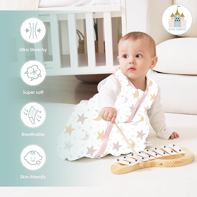 Cute Castle Baby Sleep Sack 18-24 Months - Lightweight 100% Cotton 2-Way Zipper TOG 0.5 Infant Wearable Blanket, Newborn Essentials Toddler Sleep Clothes, 3 Pack(Pink, Moon, Stars)