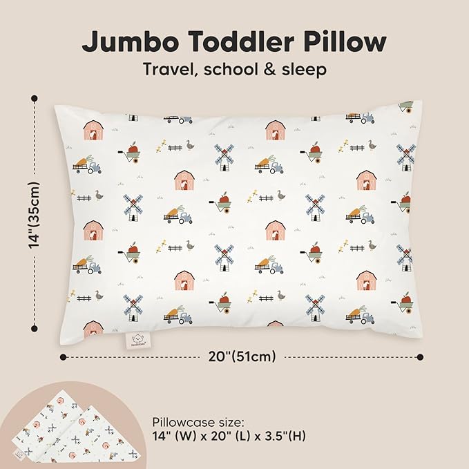 KeaBabies Toddler Pillow with Pillowcase, Jumbo 14X20 - Soft Organic Cotton Toddler Pillows for Sleeping - Machine Washable - Perfect for Travel, Toddler Bed Set (Barn)