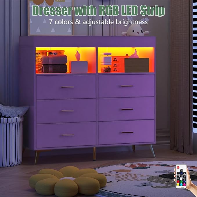 Changing Table Dresser with Drawers, Baby Dresser with Changing Table Top, Power Outlet, LED Light & Metal Feet, Diaper Changing Station Nursery Organizer for Infants Newborn (Purple)