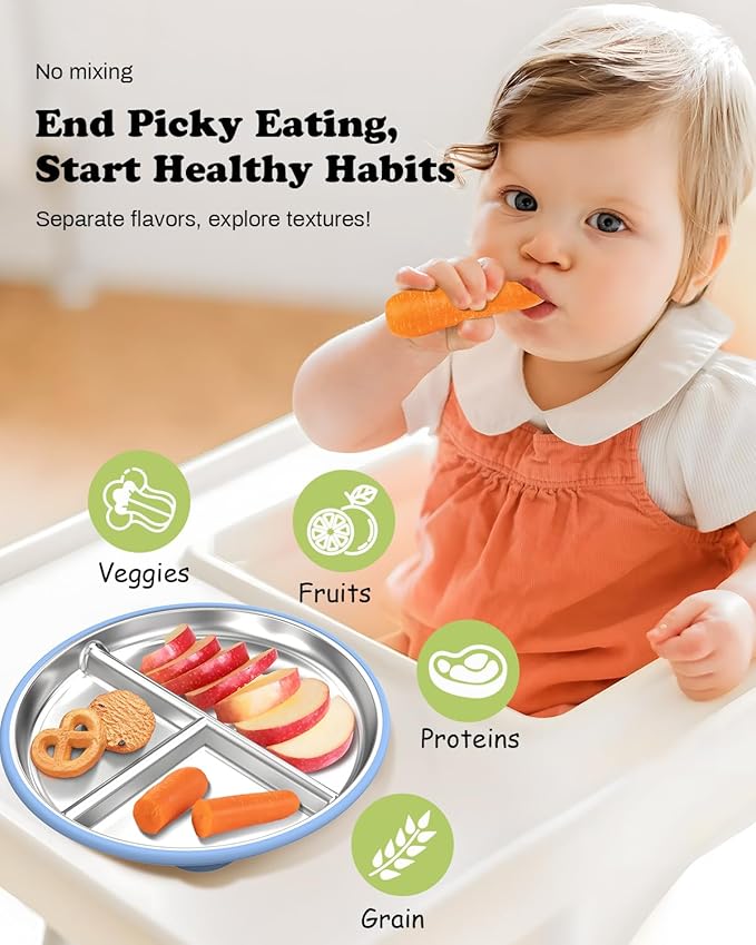Stainless Steel Toddler Plate with Suction, 8” Divided Plates with Removable Silicone Sleeves for Baby, Non Toxic Unbreakable Kids Snack Dishes Set of 4, Sage Blue Gray Navy