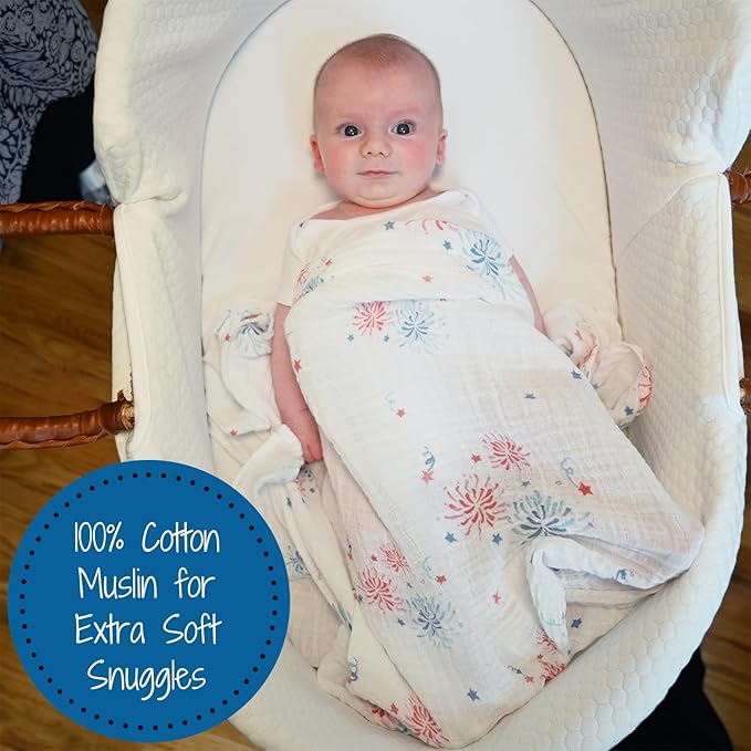 LollyBanks Swaddle Blanket 100% Cotton, Muslin Swaddle Blankets Lightweight, Soft Baby Swaddle Blanket 47 x 47 inches, Baby Essentials, Registry and Gift (Fireworks Print)
