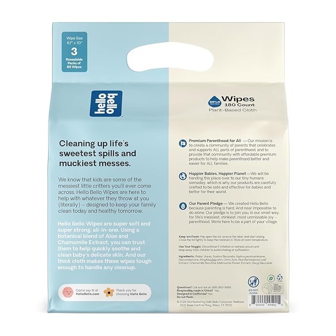 Hello Bello Extra Gentle Unscented Baby Wipes, Plant Based, Made with 99% Water and Aloe for Babies and Kids, 720 Count
