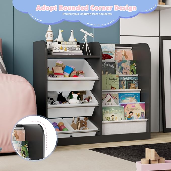 Black Kids Wood Bookshelf Toy Storage Box Organizer Shelf W/4 Removable Plastic Toy Bins Children Bookcase Toddler Baby Sling Book Rack Cabinet Chest Girl Boy Gift Playroom Classroom Bedroom Nursery