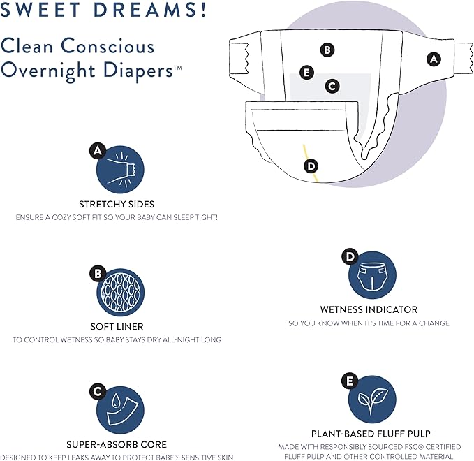 The Honest Company Clean Conscious Overnight Diapers for Sensitive Skin, Hypoallergenic Fragrance-Free Baby Diapers, Cozy Cloud and Star Signs Design, Club Box, Size 4 (22–37 lbs), 48 Count