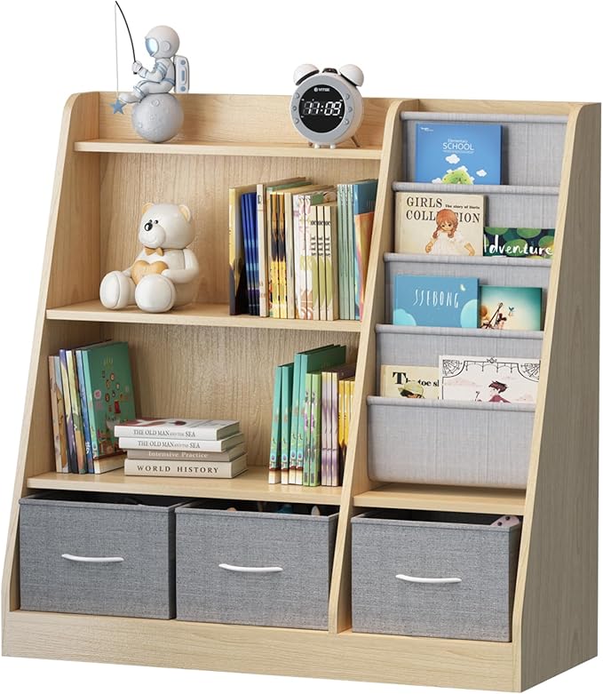 Kids Bookshelf Wood Montessori Toy Storage Organizer Cabinet Shelf Child Bookcase Toddler Baby Sling Book Rack 3 Cube Bin Fabric Drawers for Playroom Bedroom Nursery School