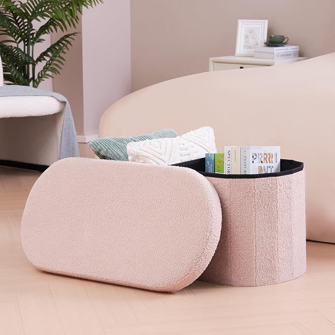 B FSOBEIIALEO Ottoman with Storage for Living Room, Sherpa Folding Storage Ottoman Foot Rest, 30 Inches Collapsible Bedroom Bench Pink