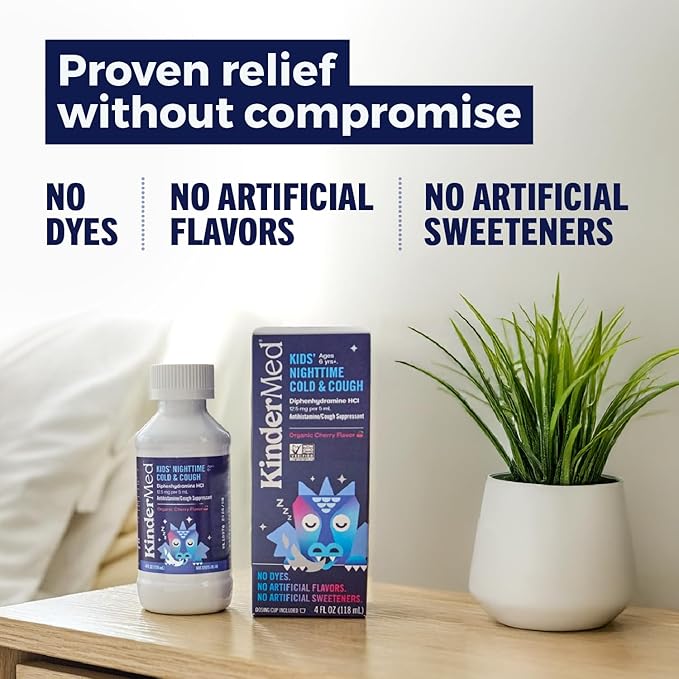 KinderMed Kids' Nighttime Cold & Cough Medicine, for Ages 6 Years+, No Dyes, No Artificial Flavors, No Artificial Sweeteners, Vegan, Non-GMO, Gluten Free, Organic Cherry Flavor, 4 fl. oz (Pack of 2)