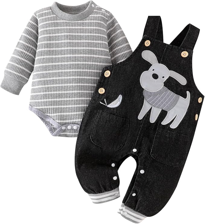 Baby Boy Clothes Fall Winter Outfits Long Sleeve Striped Romper Cute Cartoon Jeans Overalls Pants Set 0-18 Months