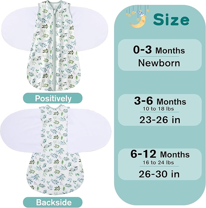 Newborn Sleep Sack Baby Swaddle,0-3 Months,3-Way Adjustable Wearable Blanket,100% Rayon Cotton Swaddling Sleeping Bag，TOG 0.5（Banana&Leaf）