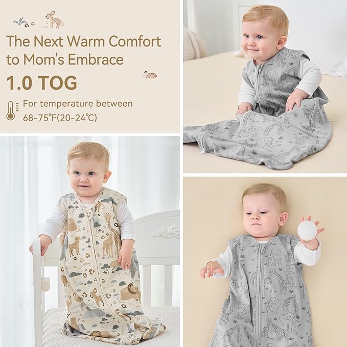 Baby Sleep Sack 12-18 Months 1.0 Tog Baby Wearable Blanket 100% Cotton Sleeping Sack with 2-Way Zipper for Toddler Infant Apricot & Gray Elephant