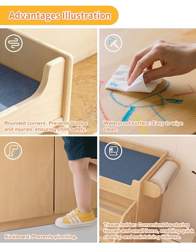Wooden Baby Changing Table with Stairs & Storage, 100% Birch Plywood Toddler Diaper Changing Station with Tissue Holder, Montessori Furniture for Daycare, Nursery, Home, School