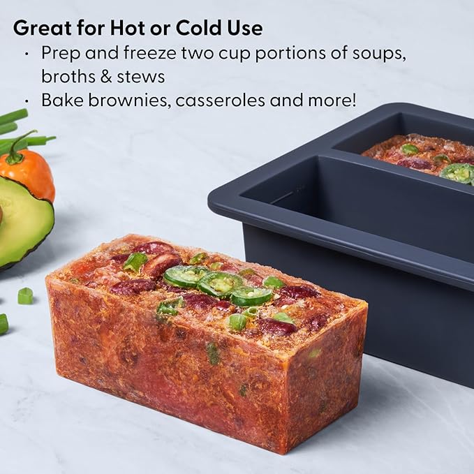 W&P Cup Cubes Silicone Freezer Tray with Lid, Charcoal, Makes 2 Perfect 2-Cup Portions, Freeze & Store Soup, Broth, Sauce, Leftovers, Dishwasher Safe