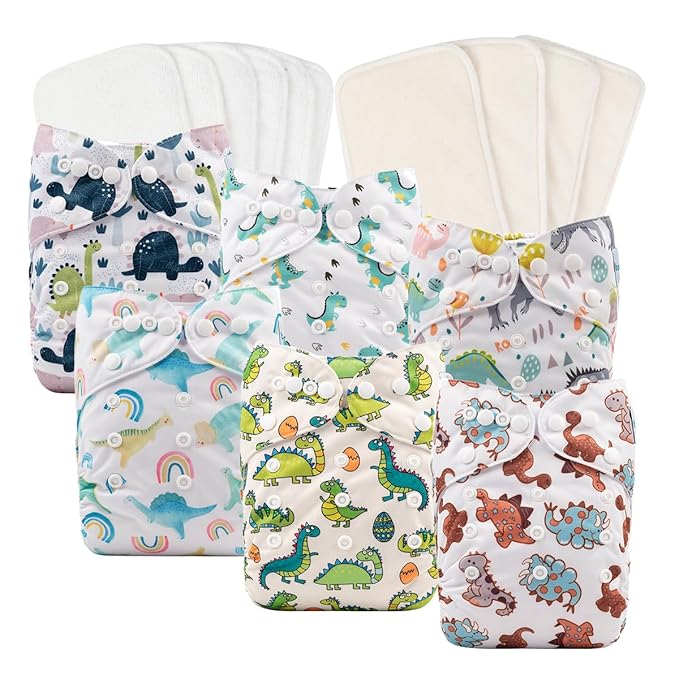 Babygoal Reusable Neutral Cloth Diapers 6 Pack with 10pcs Inserts, One Size Adjustable Washable Pocket Nappy Covers for Baby Boys and Girls 6FB02