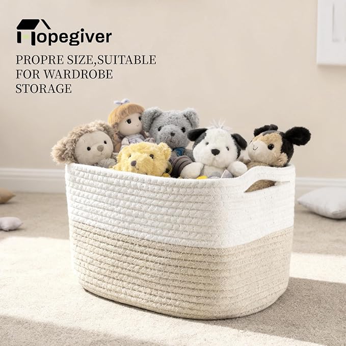Hopegiver 3 Pack Storage Baskets for Organizing with Handle, Woven Baskets for Shelves - Durable Gift Basket for Cloth Toys Books Baby, Cotton Rope Basket for Dog Cat, 11x8x7 Inch(White&Khaki)