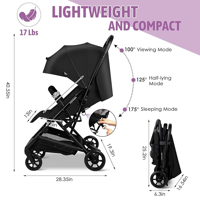 Lightweight Stroller, One-Hand Fold Compact Travel Stroller from Birth to 55 lbs, UPF 50+ Large Canopy & 5-Point Harness, Adjustable Reclining Seat- Black