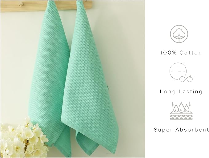 PurpleEssences Waffle Weave Kitchen Towel, 100% Cotton - 15 x 25 Inches, with Hanging Loop Ultra Soft Absorbent Quick Drying Dish Cloth, Tea and Hand Towels, 4 Pack - Fall Thanksgiving - Turquoise