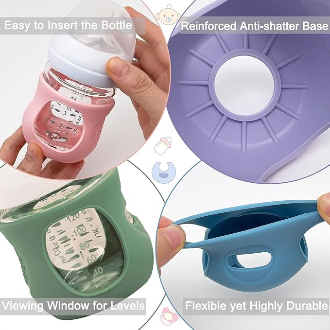 4 Pack Silicone Sleeves for Avent Natural Glass Baby Bottles, Anti Breakage Bottle Holder, Compatible with Philips Avent Glass Natural Baby Bottles (4 White, 4 OZ)