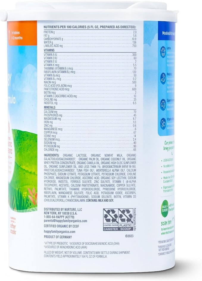 Happy Baby Organics Stage 1 Infant Formula, 0-12 Months, Milk Based Organic Baby Formula Powder with Iron, Probiotics & Prebiotics for Immune & Digestive Support, 22.9 Ounce (Pack of 1)