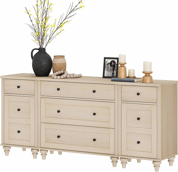 WAMPAT Dresser for Kids Bedroom with 5 Drawers and 2 Storage Cabinet, Nightstands with Charging Station, Mid Century Modern Baby Dressers with Wide Chest of Drawers for Nursery, Beige, 67 inch