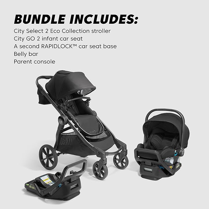 Baby Jogger City Select 2 Travel System, Eco Collection | Infant Essentials Bundle Includes City GO 2 Infant Car Seat, Extra Car Seat Base, Belly Bar & Parent Console