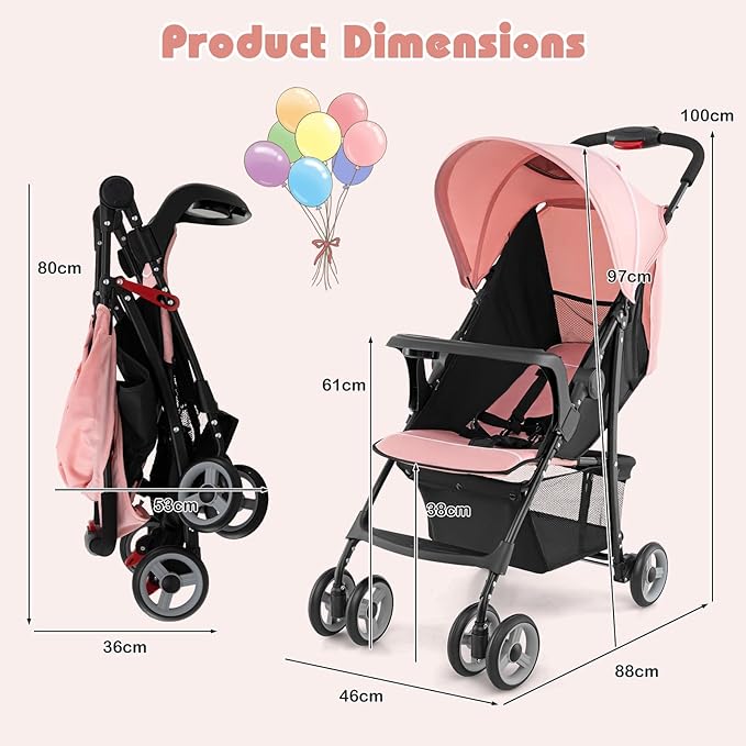 HONEY JOY Lightweight Stroller, Compact Travel Stroller for Airplane, Toddler Fold Pushchair w/Adjustable Canopy & Backrest, Storage Basket, Umbrella Stroller for Infants (Pink)