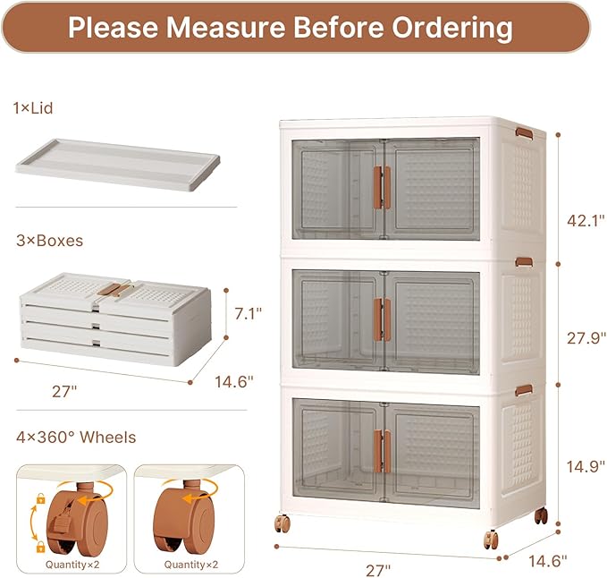 285Qt/70Gal Stackable Storage Bins with Lids and Divider, 3Pack Collapsible Drawers with Doors, Foldable Cabinet with Wheels, Plastic Closet Organizers Containers for Home, Dorm