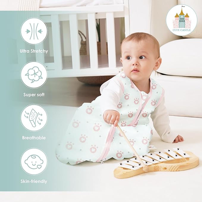 Cute Castle Baby Sleep Sack 12-18 Months - Lightweight 100% Cotton 2-Way Zipper TOG 0.5 Infant Wearable Blanket, Newborn Essentials Toddler Sleep Clothes, 3 Pack(Pink, Bear, Bear Claw)
