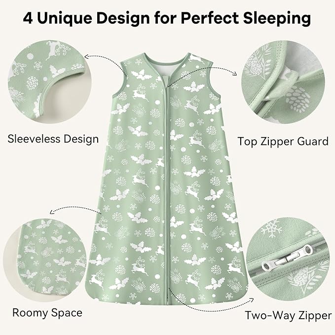 Baby Sleep Sack 6-12 Months 1.0 Tog Baby Wearable Blanket 100% Cotton Sleeping Sack with 2-Way Zipper for Infant Newborn Green Tree