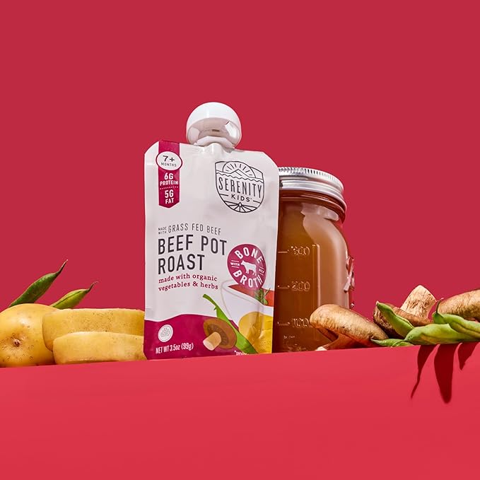 Serenity Kids 7+ Months Beef Pot Roast Bone Broth Puree Baby Food Pouches - BPA-Free Toddler Pouch w/Grass Fed Beef & Organic Veggies - Clean Label Project Purity Award Certified - 3.5 Oz, 12 Pack
