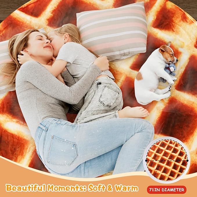 Lhedon Waffle Blanket Adult Size, 71 inch Food Blanket, Birthday Gifts for Women Men, Funny Gifts Round Flannel Blankets for Bed Couch Office Travel