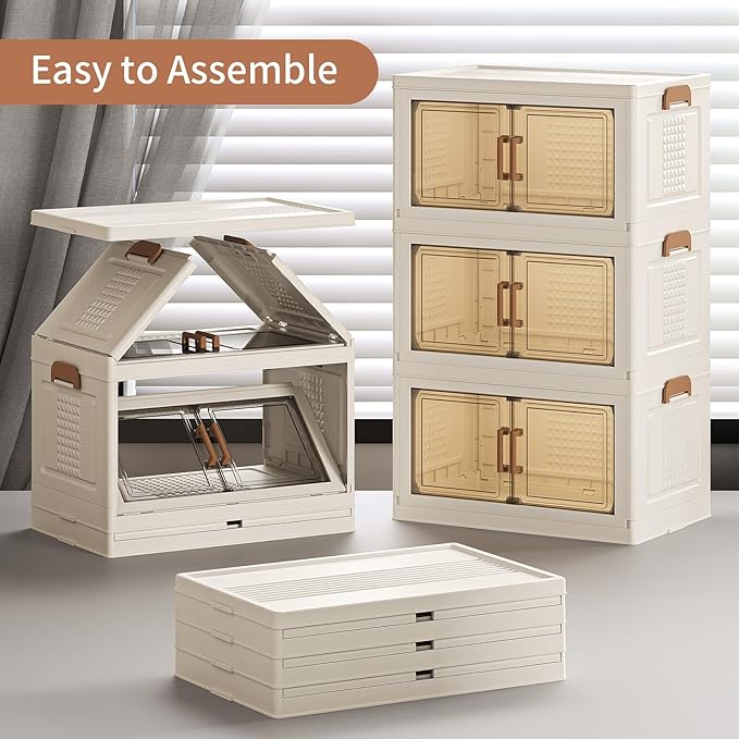 480Qt/120Gal Extra Large Stackable Storage Bins with Lids and Divider, 3Pack Collapsible Drawers with Doors, Foldable Cabinet with Wheels, Plastic Closet Organizers Containers for Home, Dorm